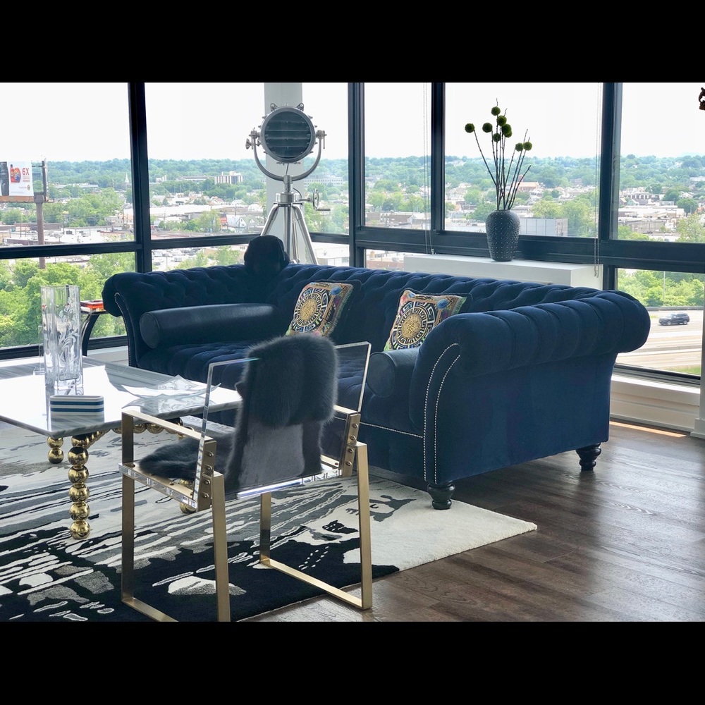 Custom blue velvet chesterfield sofa